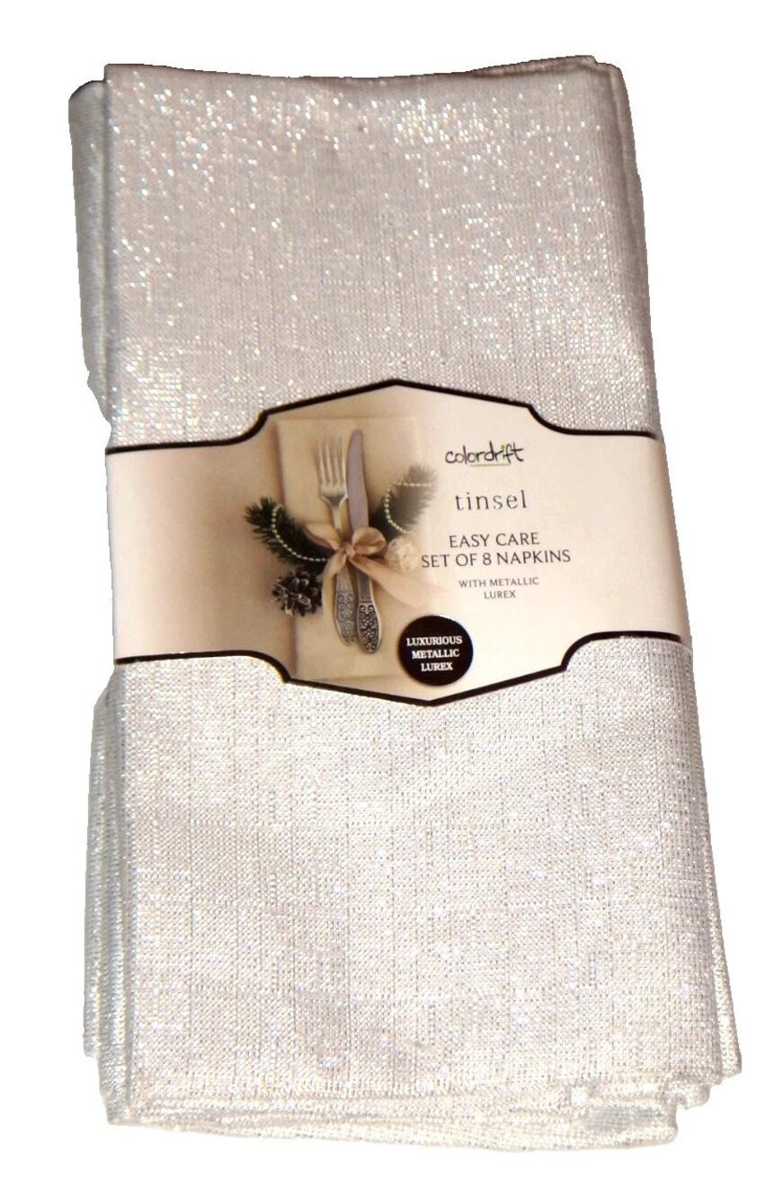 Colordrift White Shimmering Napkins 8pc Easy Care w/ Silver Metallic Lurex NEW